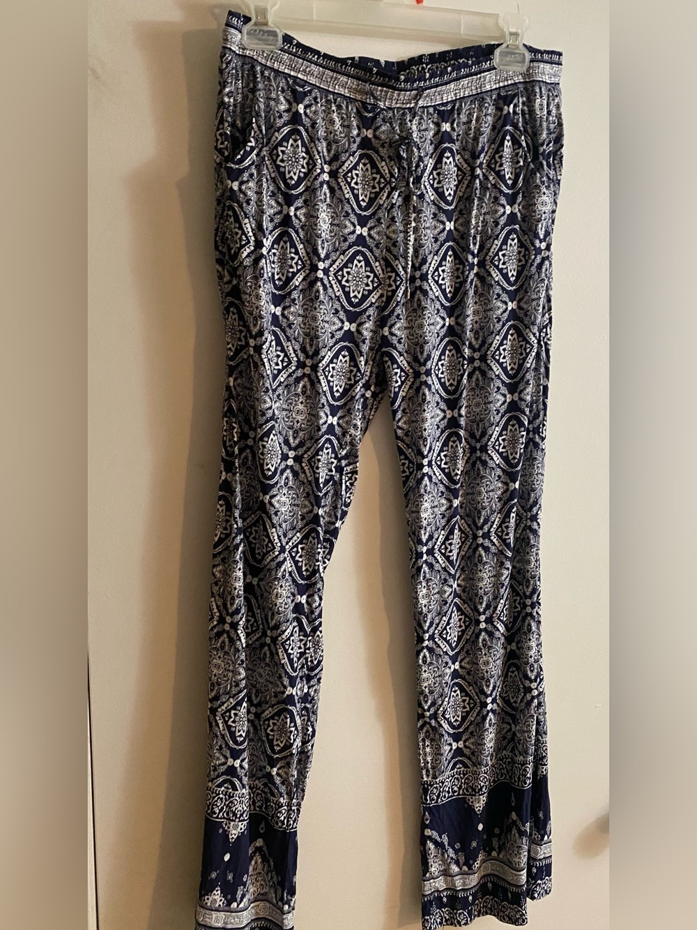 Navy and White Printed Wide Leg Pants